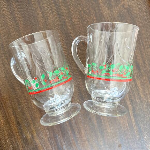 Vintage 1980s Christmas Mug Set Irish Coffee Mugs with a Holly Design Gold Rim - Picture 2 of 4